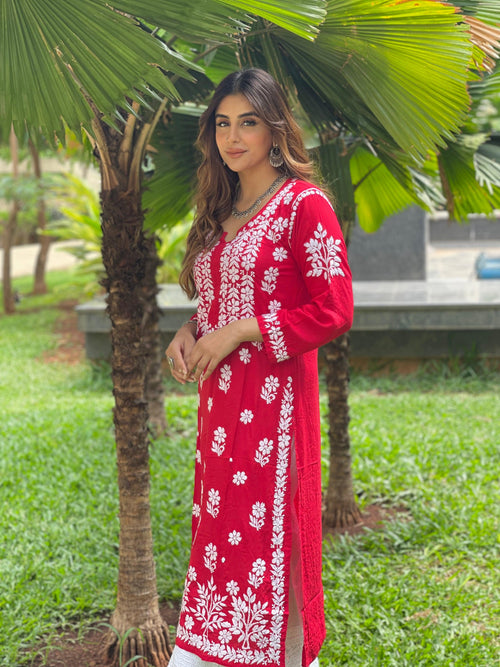 Hand Embroidered Lucknowi Chikan Red And White Georgette Kurti With Palazzo  - EbaChikan